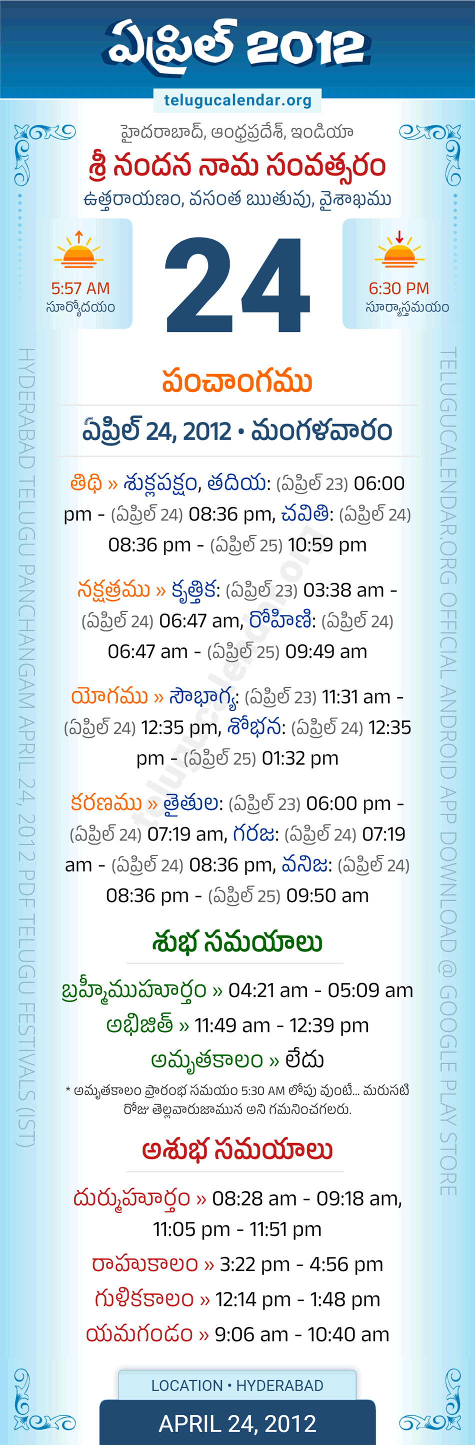 April 24, 2012 Telugu Calendar Panchangam Daily