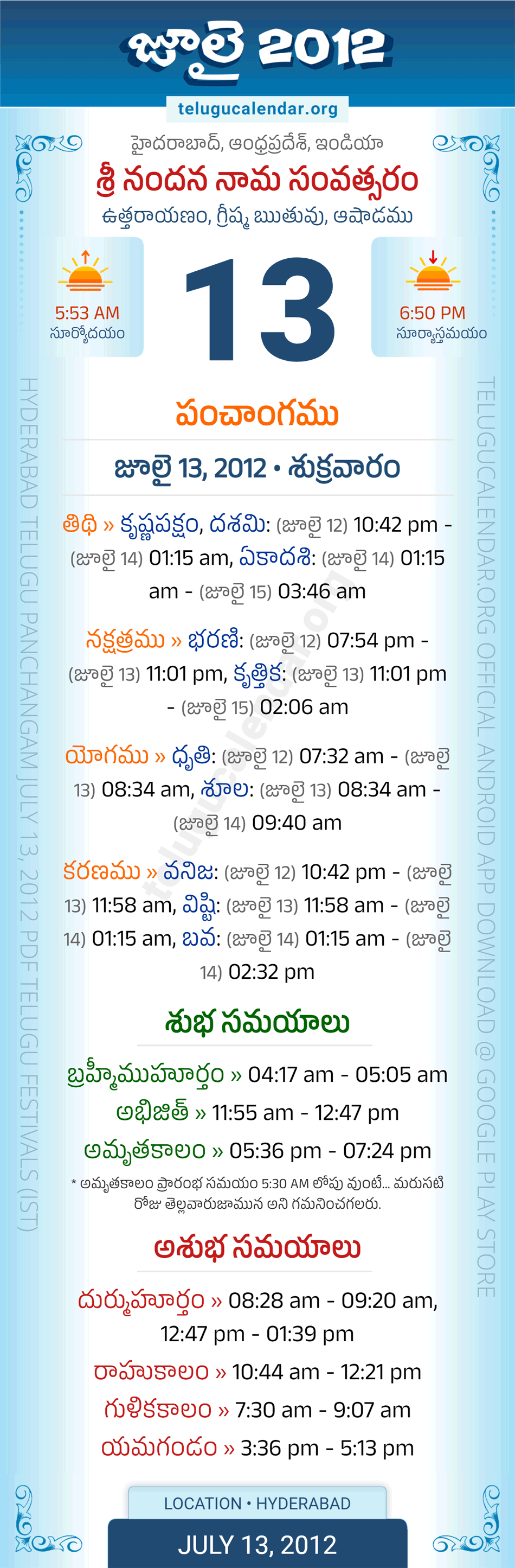 July 13, 2012 Telugu Calendar Panchangam Daily