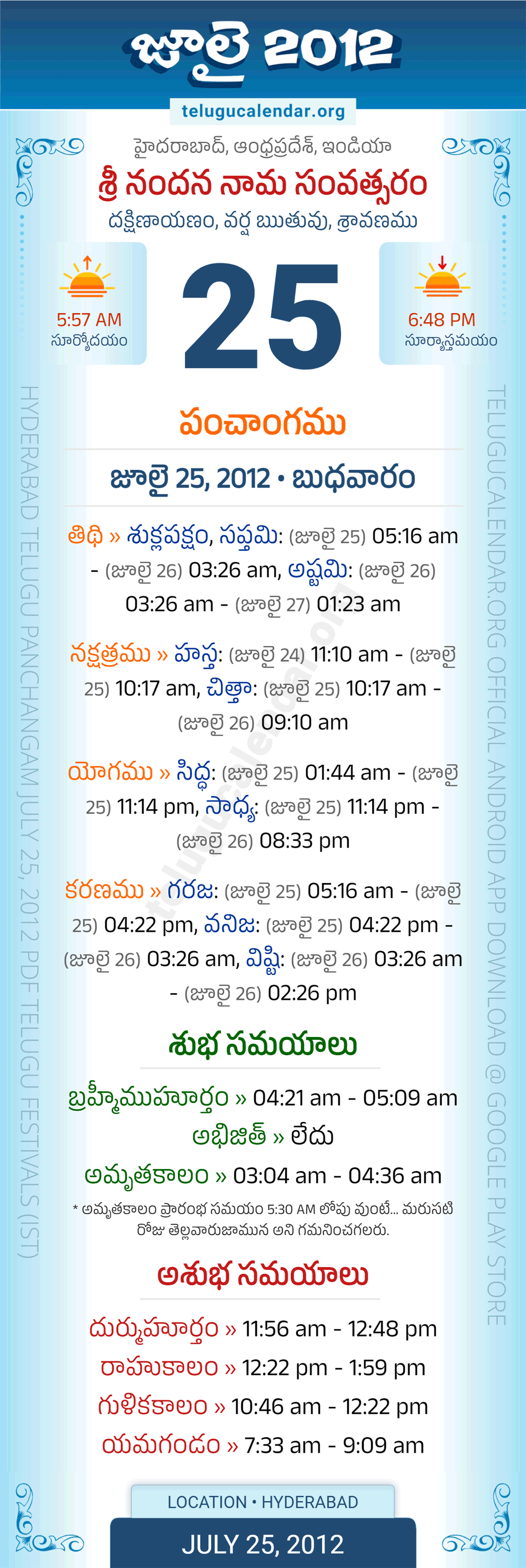 July 25, 2012 Telugu Calendar Panchangam Daily