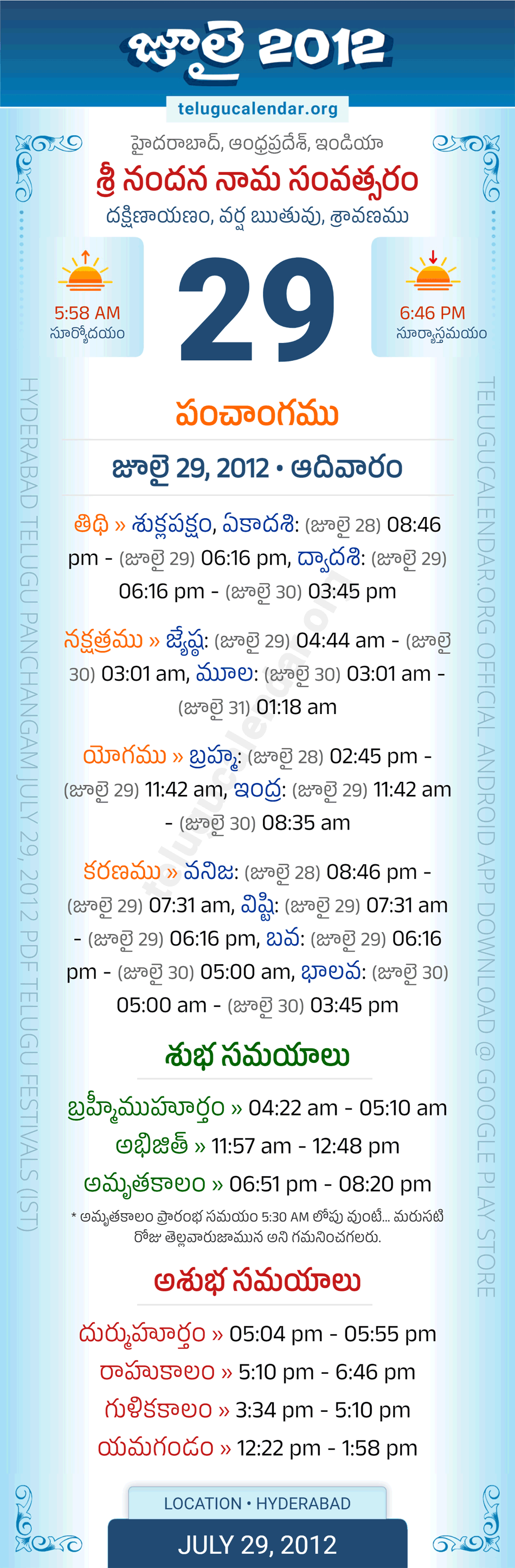 July 29, 2012 Telugu Calendar Panchangam Daily