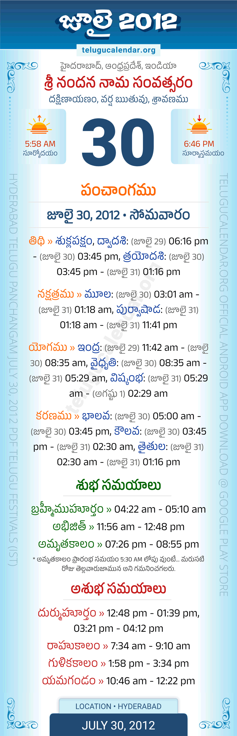July 30, 2012 Telugu Calendar Panchangam Daily