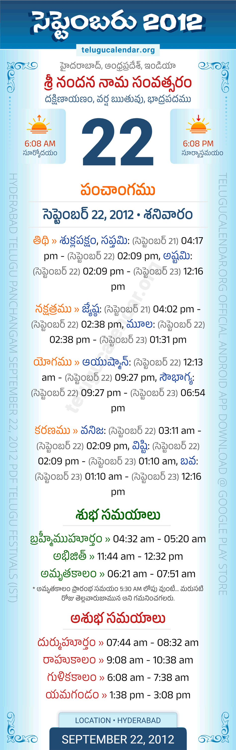 September 22, 2012 Telugu Calendar Panchangam Daily