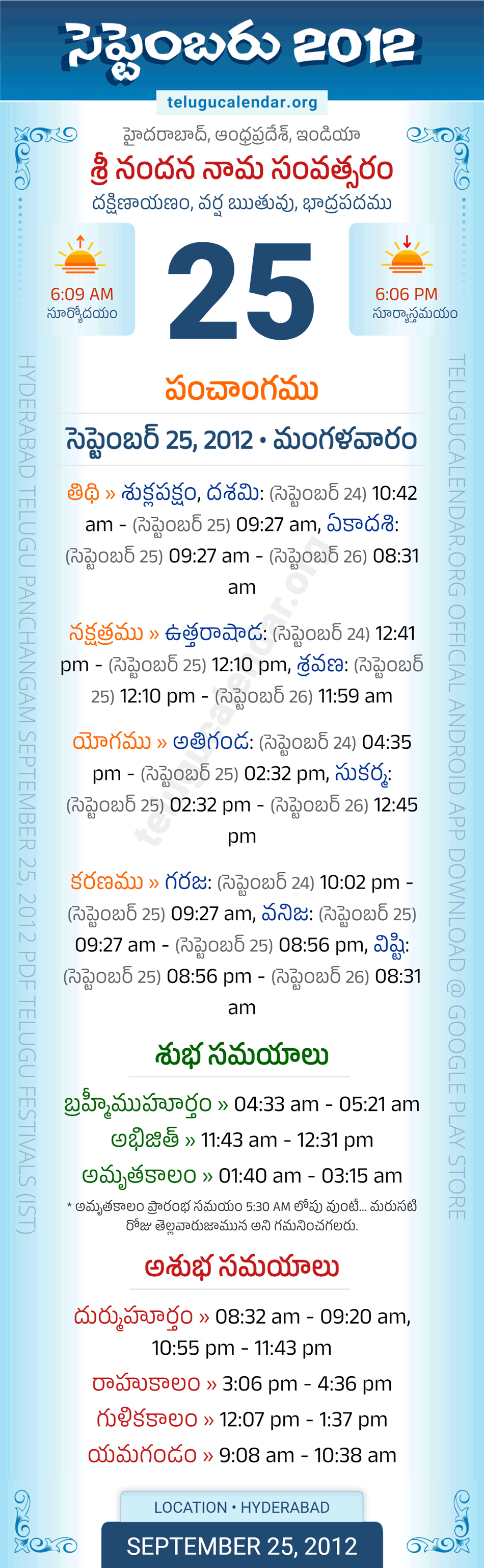 September 25, 2012 Telugu Calendar Panchangam Daily