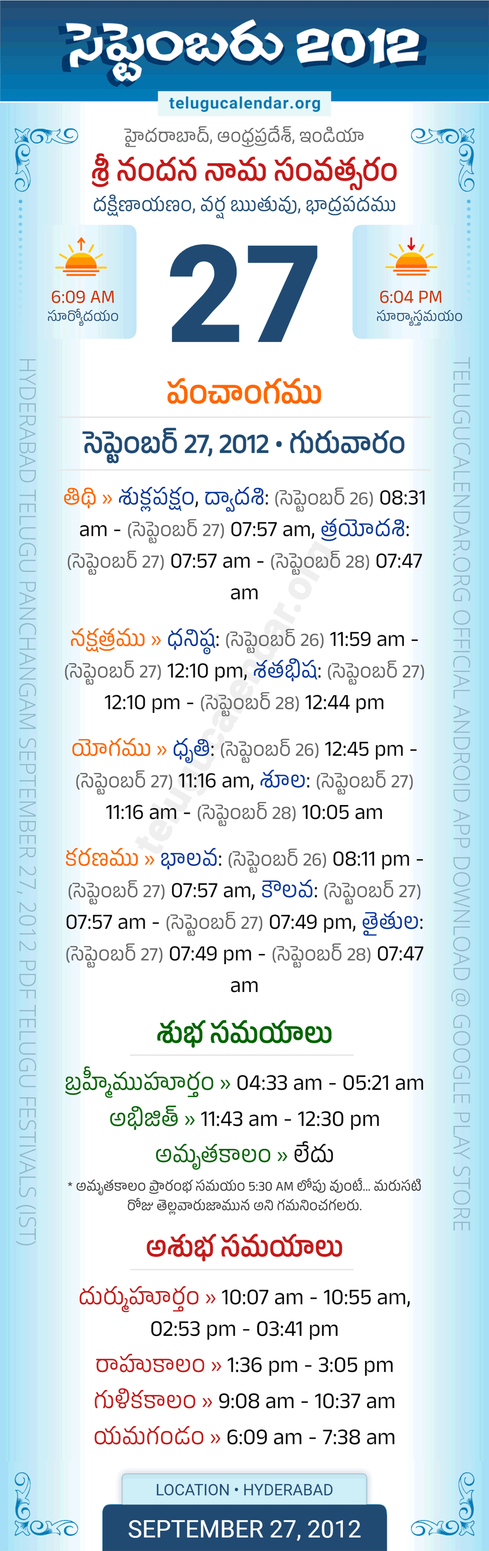 September 27, 2012 Telugu Calendar Panchangam Daily