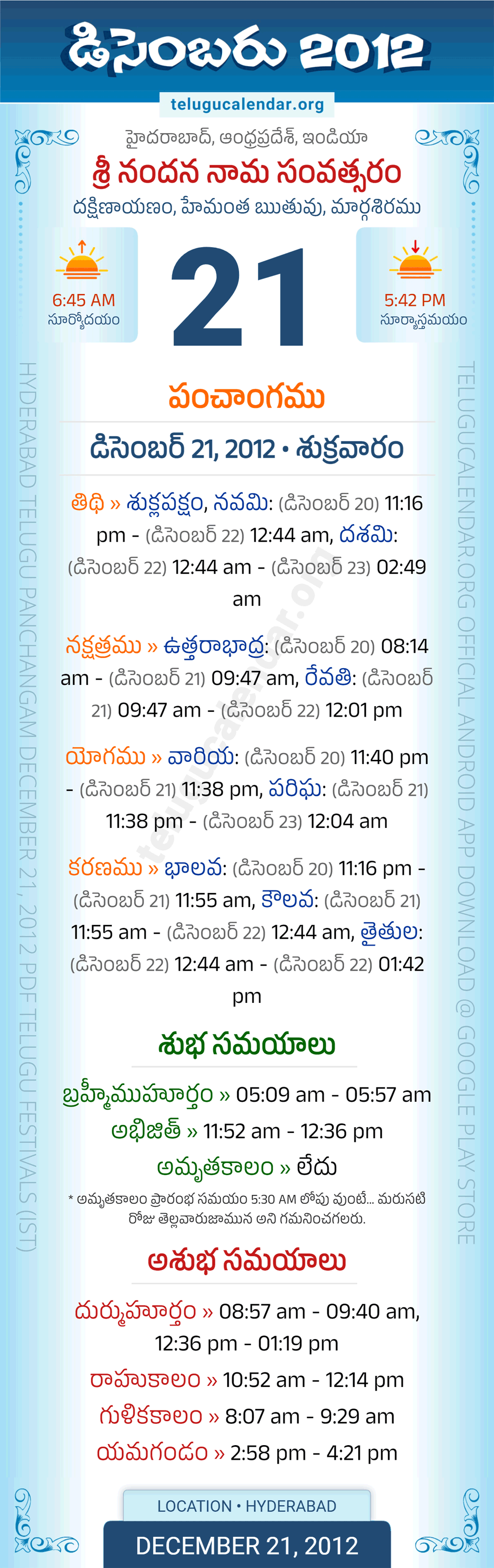 December 21, 2012 Telugu Calendar Panchangam Daily