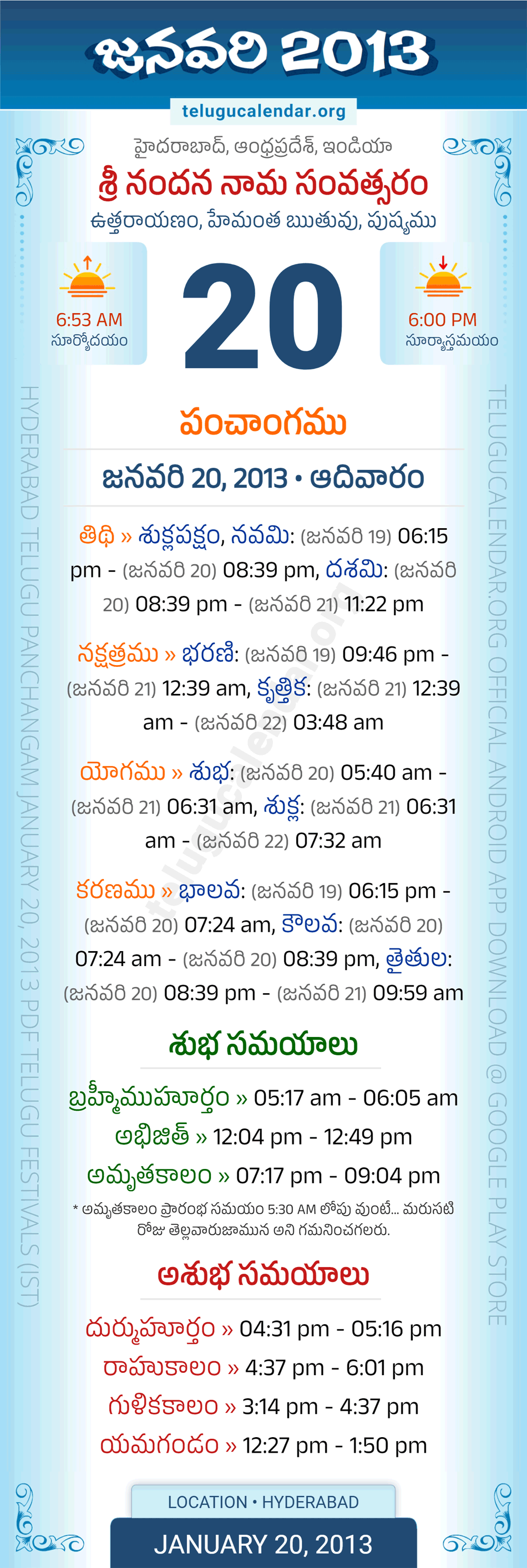January 20, 2013 Telugu Calendar Panchangam Daily