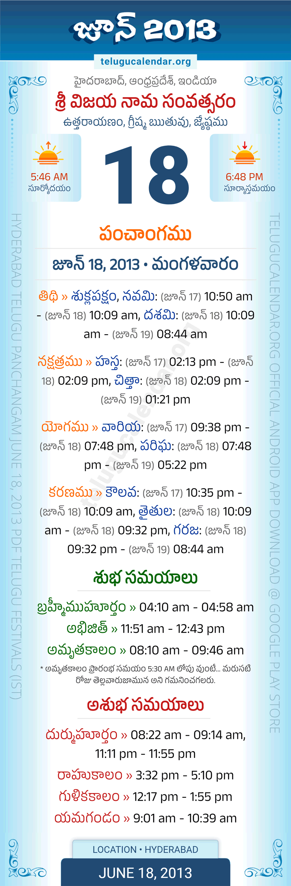 June 18, 2013 Telugu Calendar Panchangam Daily