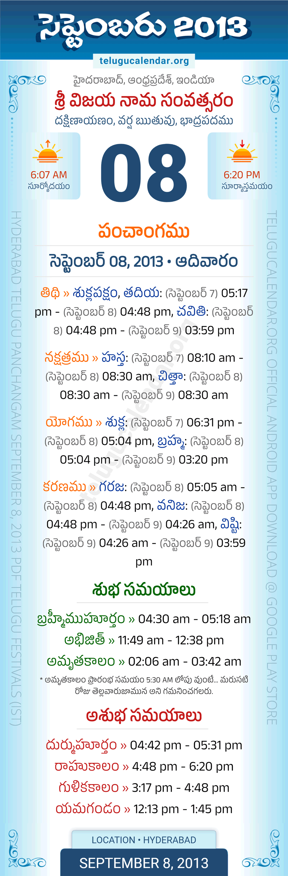 September 8, 2013 Telugu Calendar Panchangam Daily