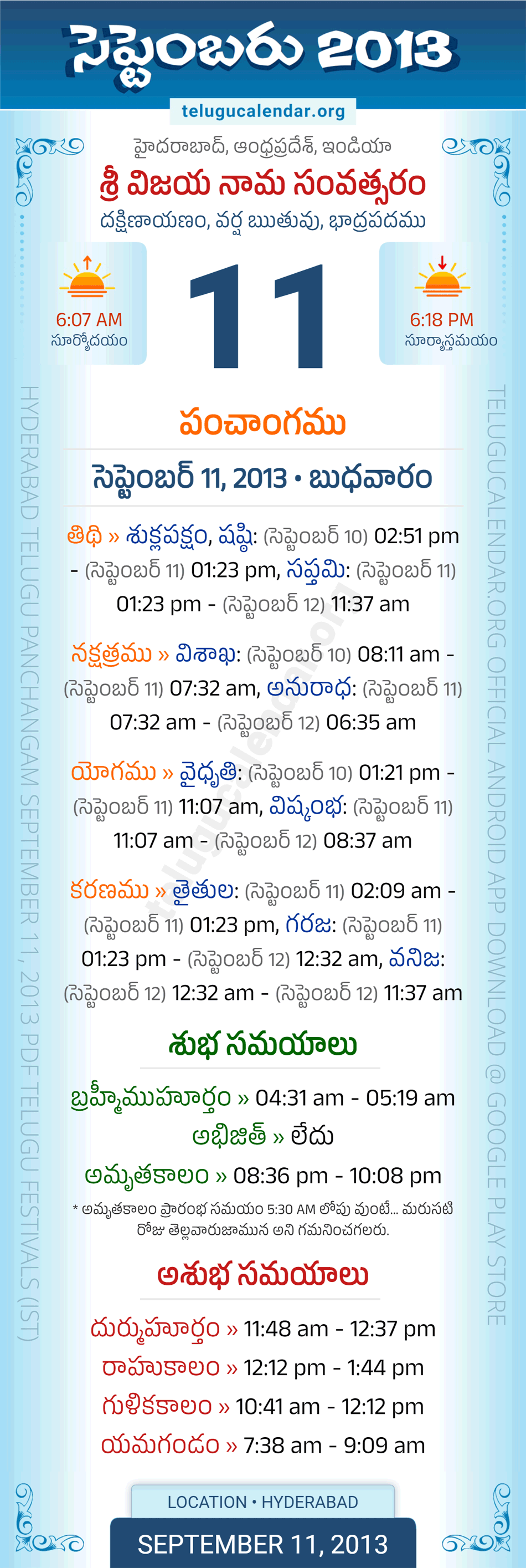 September 11, 2013 Telugu Calendar Panchangam Daily