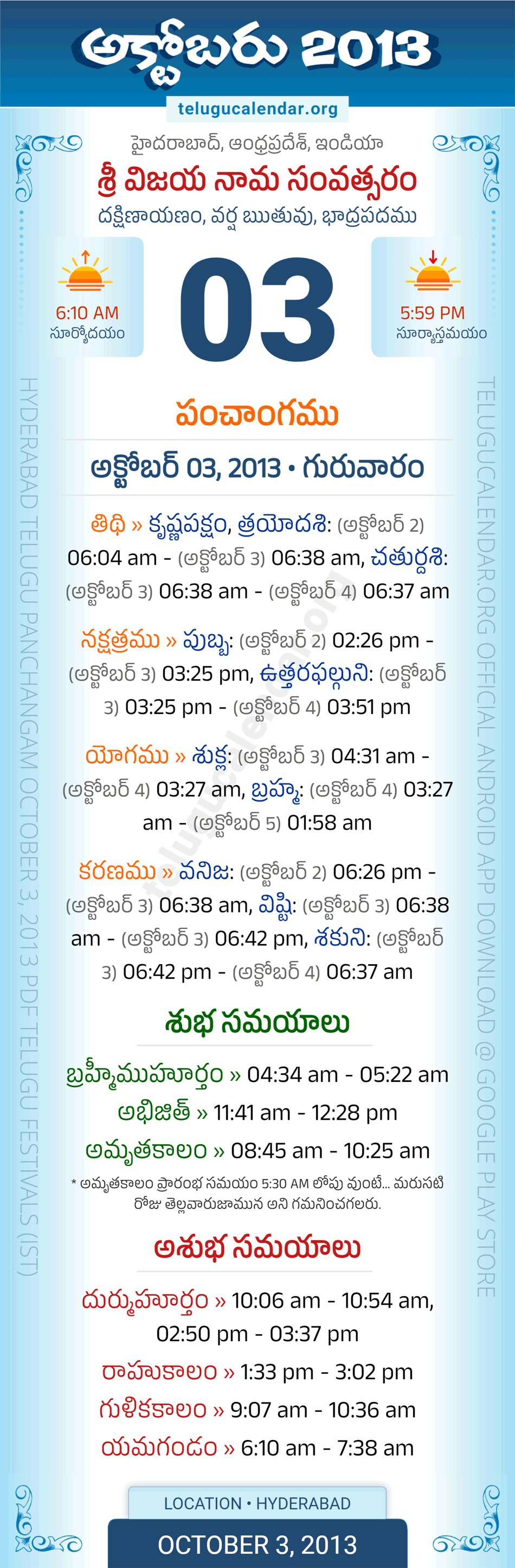 October 3, 2013 Telugu Calendar Panchangam Daily