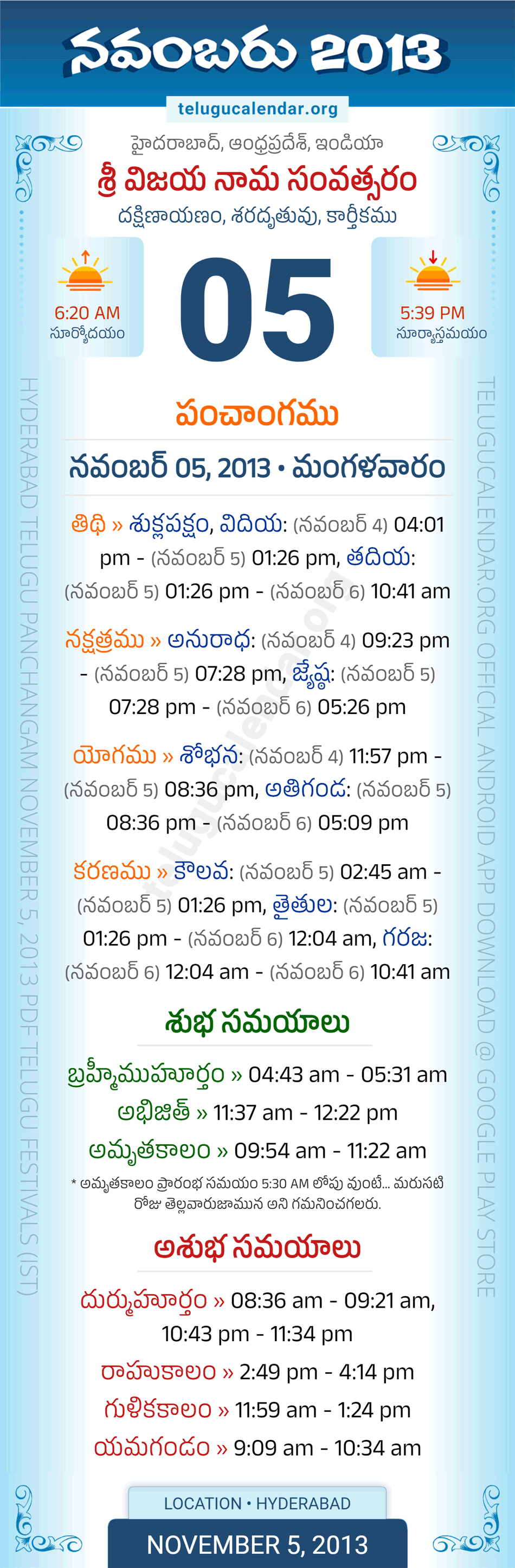 November 5, 2013 Telugu Calendar Panchangam Daily