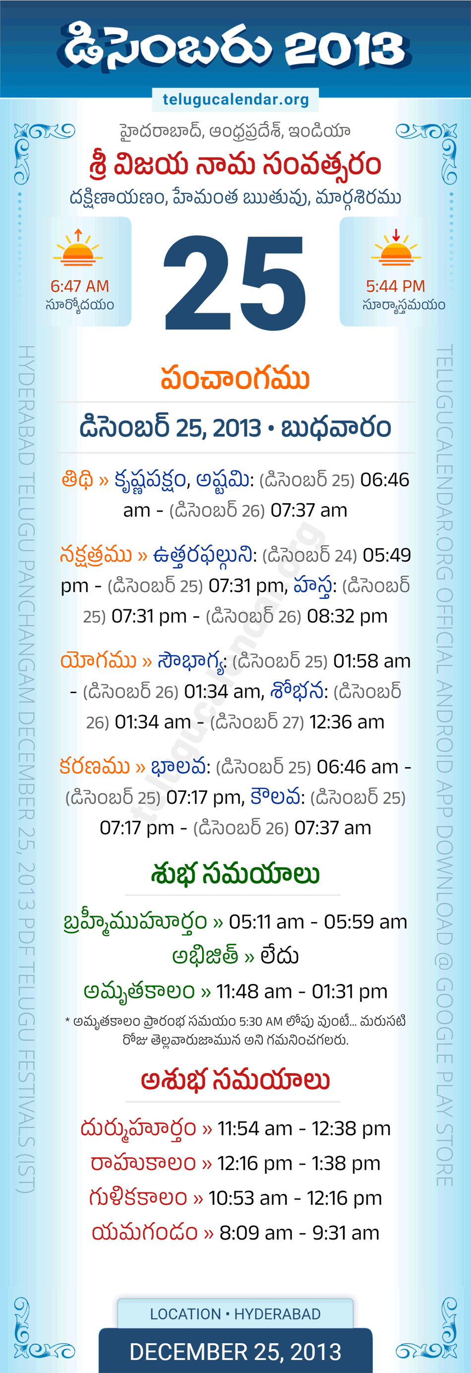 December 25, 2013 Telugu Calendar Panchangam Daily