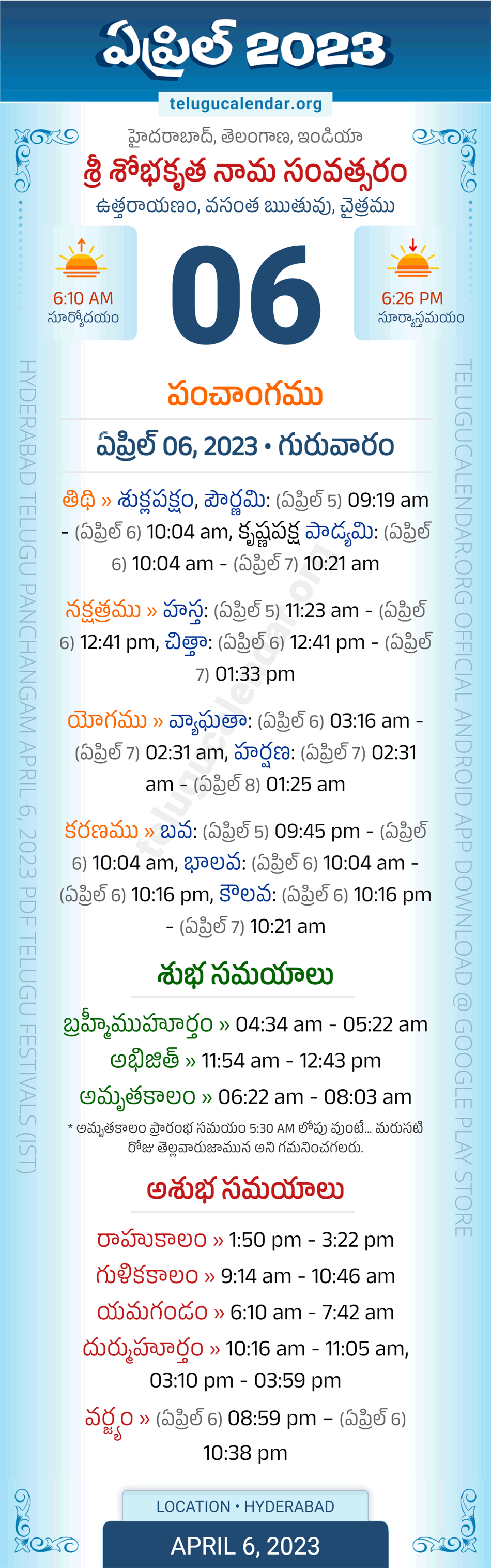 April 6, 2023 Telugu Panchangam Telangana Daily Calendar