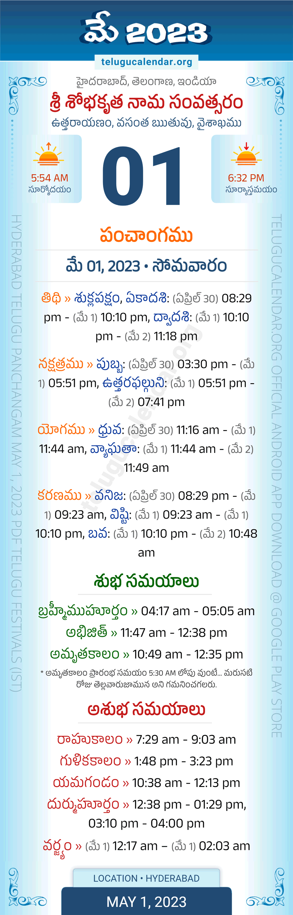 May 1, 2023 Telugu Panchangam Telangana Daily Calendar