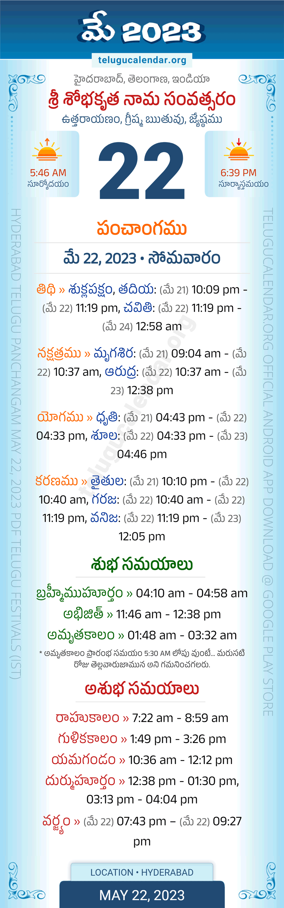 May 22, 2023 Telugu Panchangam Telangana Daily Calendar
