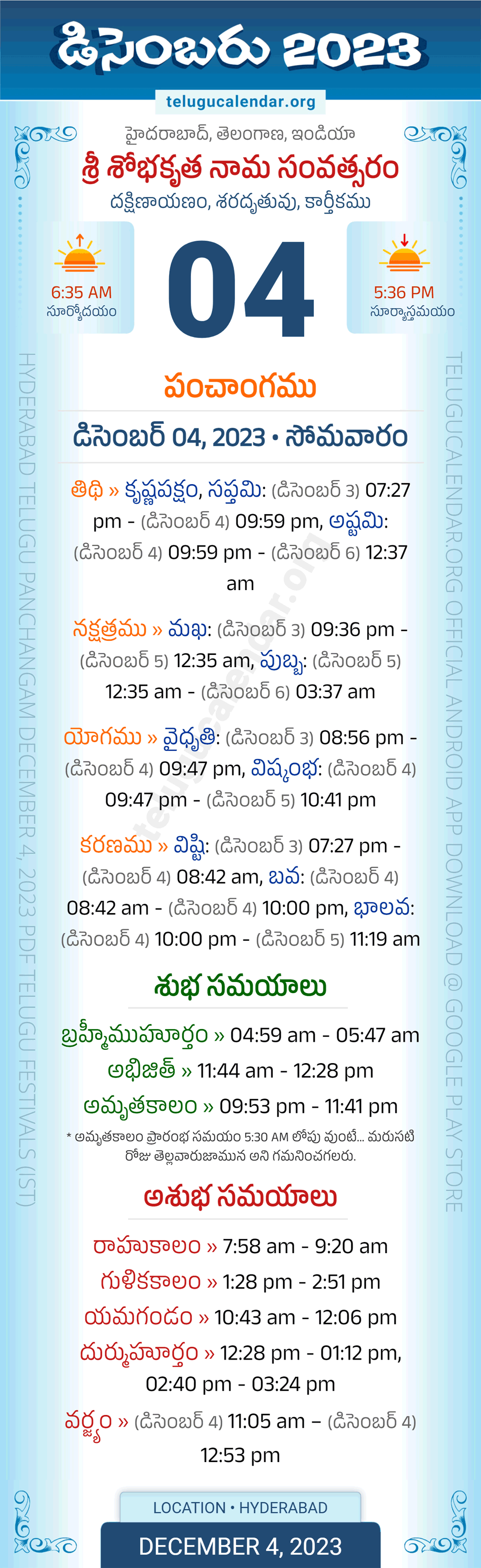 December 4, 2023 Telugu Panchangam Telangana Daily Calendar