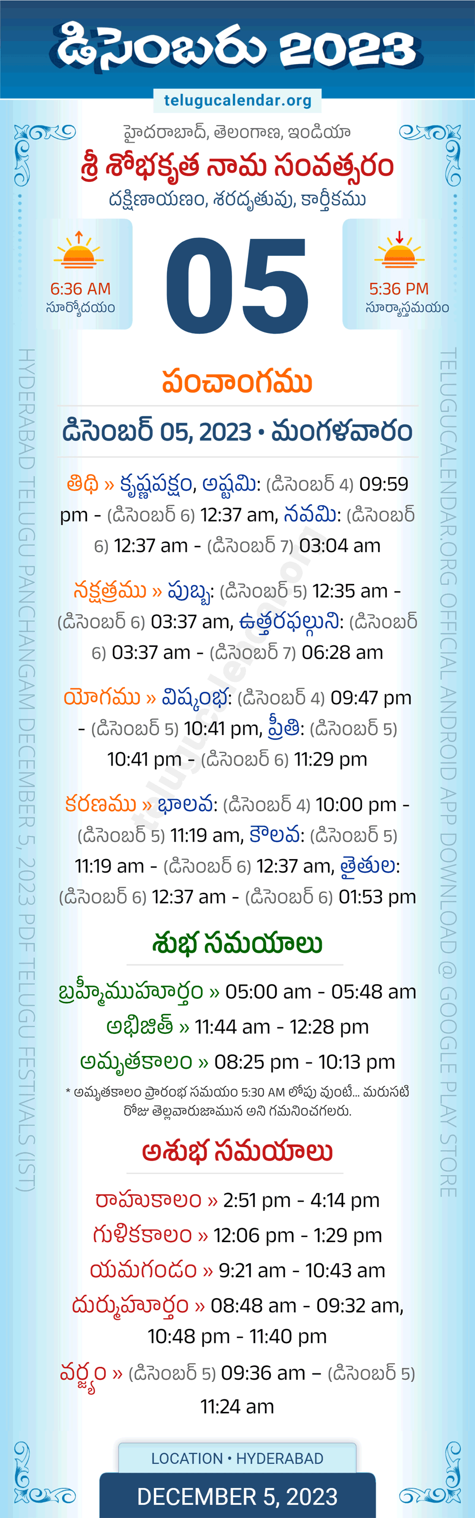 December 5, 2023 Telugu Panchangam Telangana Daily Calendar