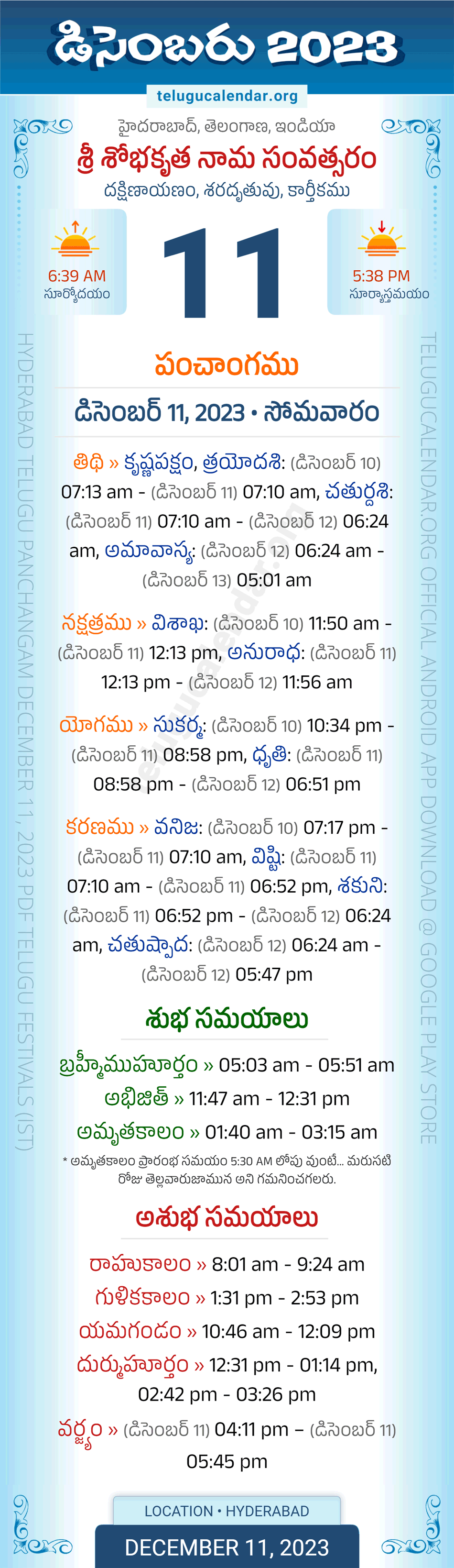 December 11, 2023 Telugu Panchangam Telangana Daily Calendar