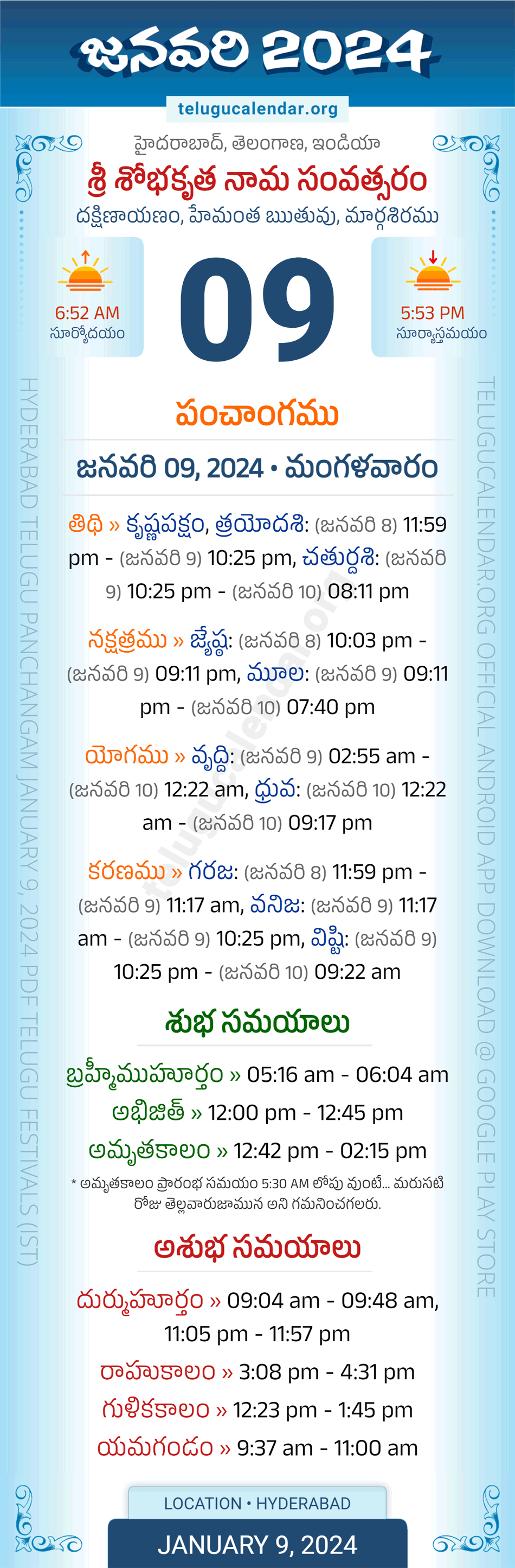 January 9, 2024 Telugu Panchangam Telangana Daily Calendar