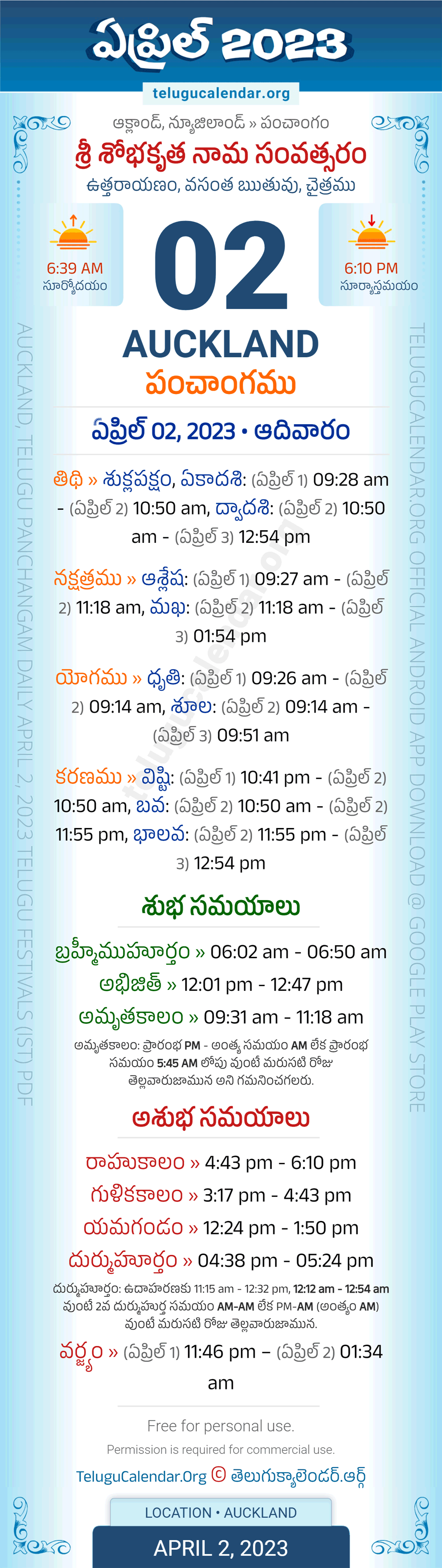 Auckland Telugu Panchangam April 2, 2023