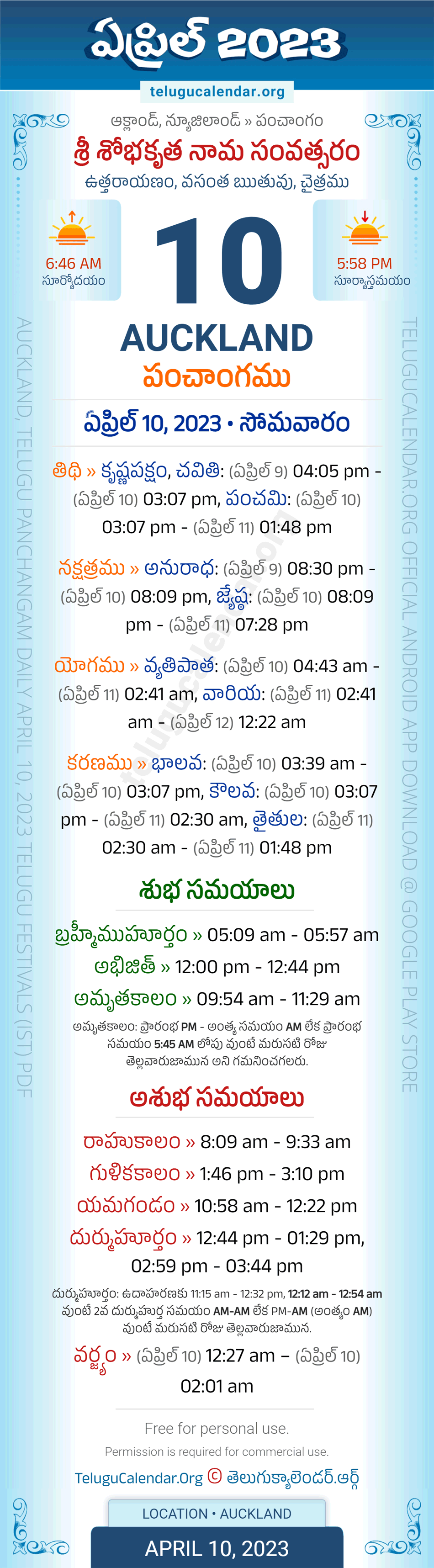 Auckland Telugu Panchangam April 10, 2023