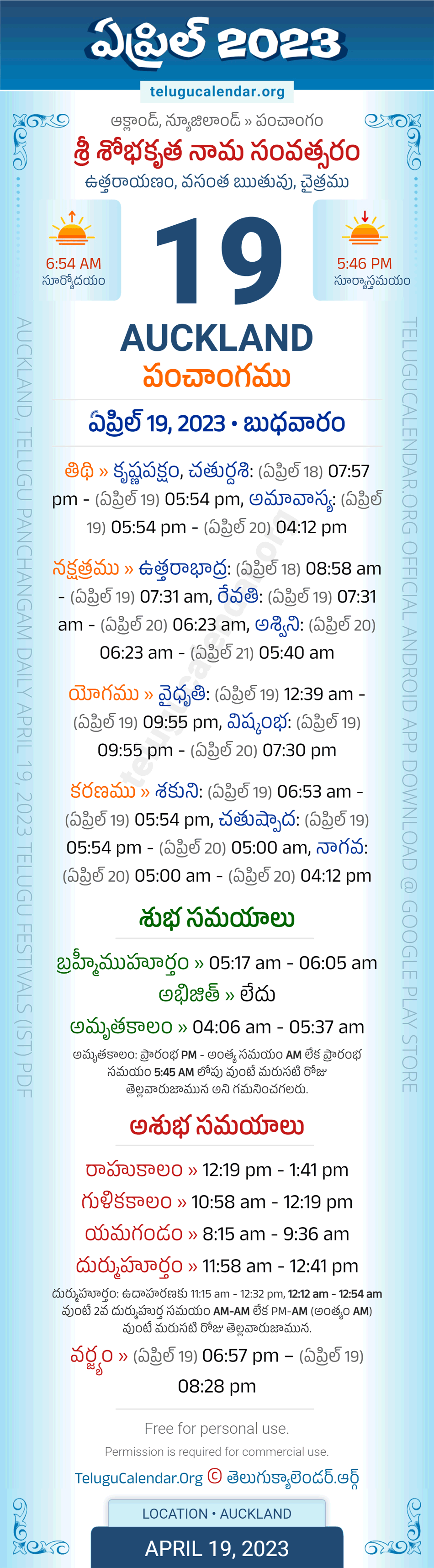 Auckland Telugu Panchangam April 19, 2023