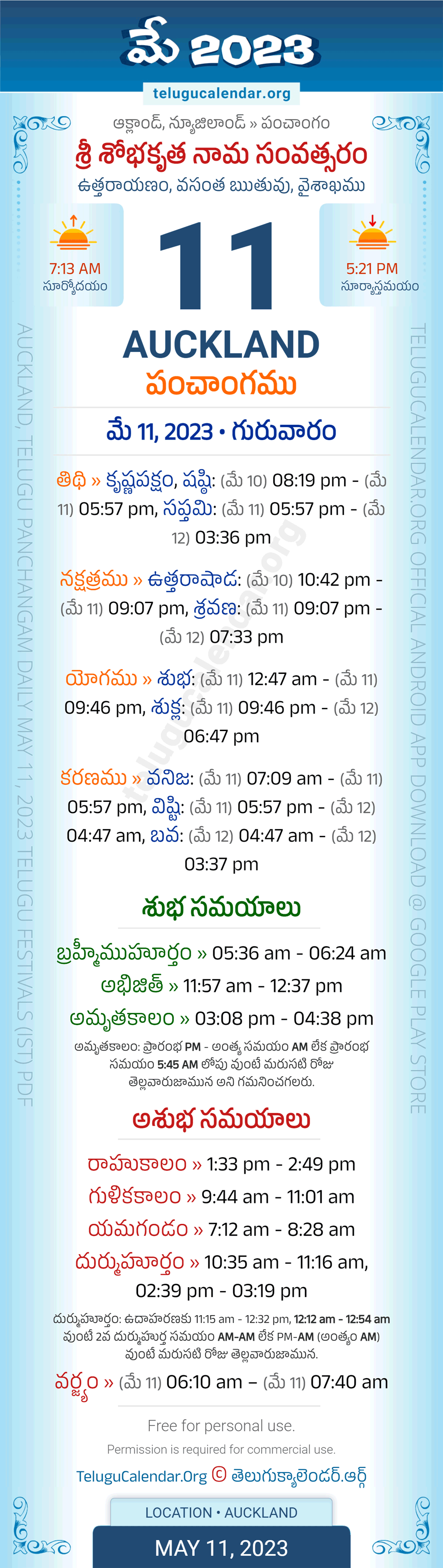 Auckland Telugu Panchangam May 11, 2023