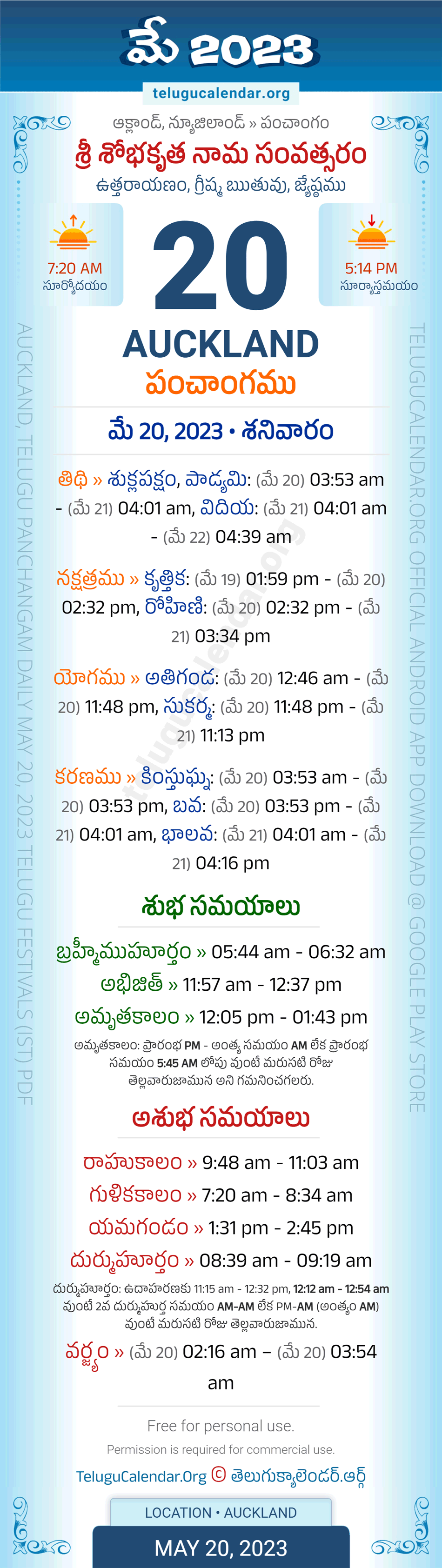 Auckland Telugu Panchangam May 20, 2023