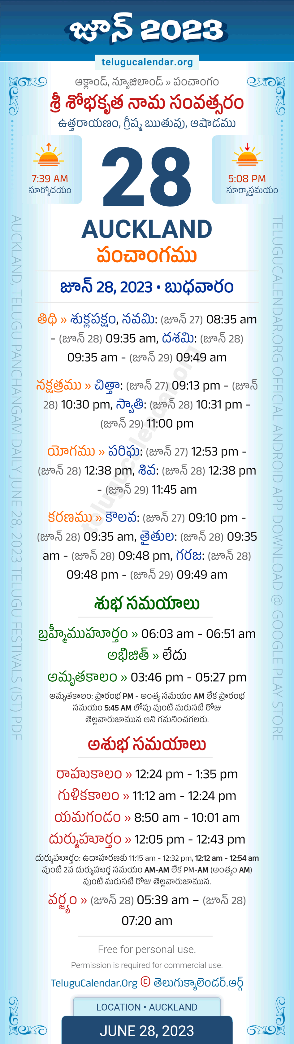 Auckland Telugu Panchangam June 28, 2023