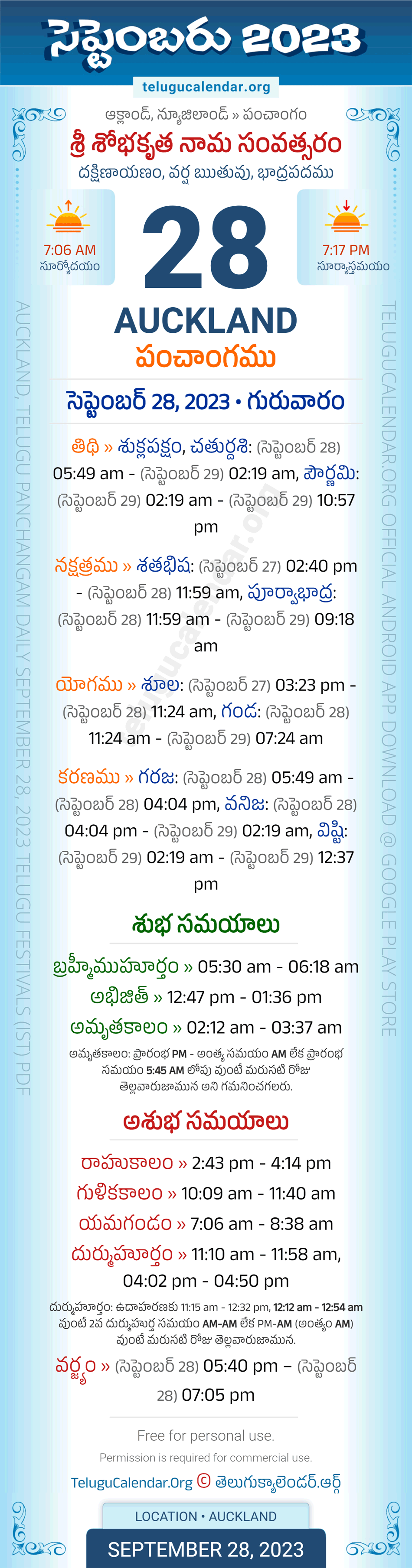 Auckland Telugu Panchangam September 28, 2023
