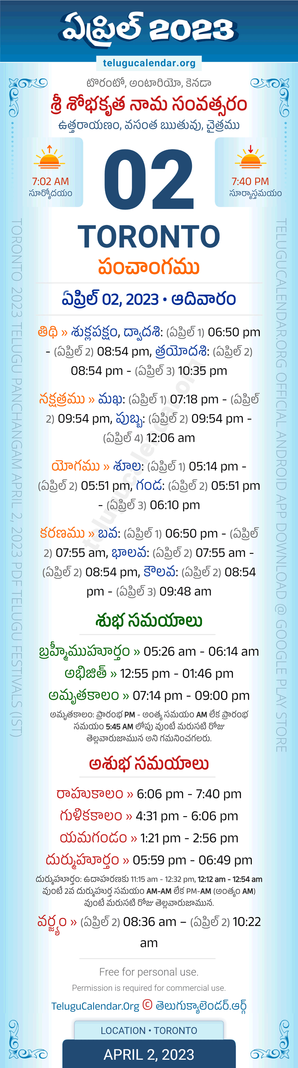 Toronto Telugu Panchangam April 2, 2023