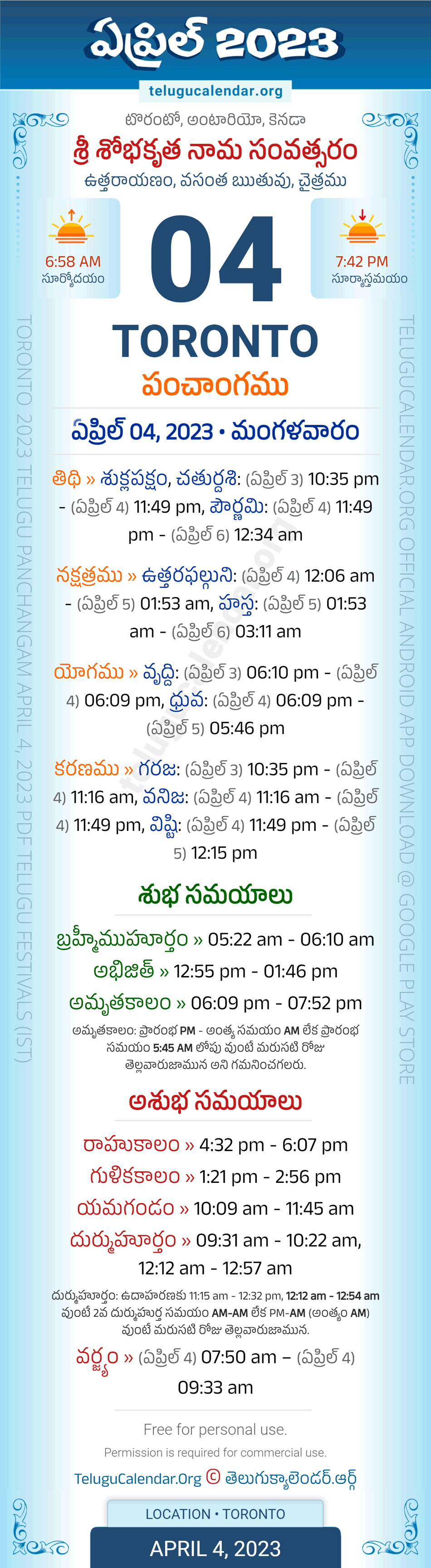Toronto Telugu Panchangam April 4, 2023
