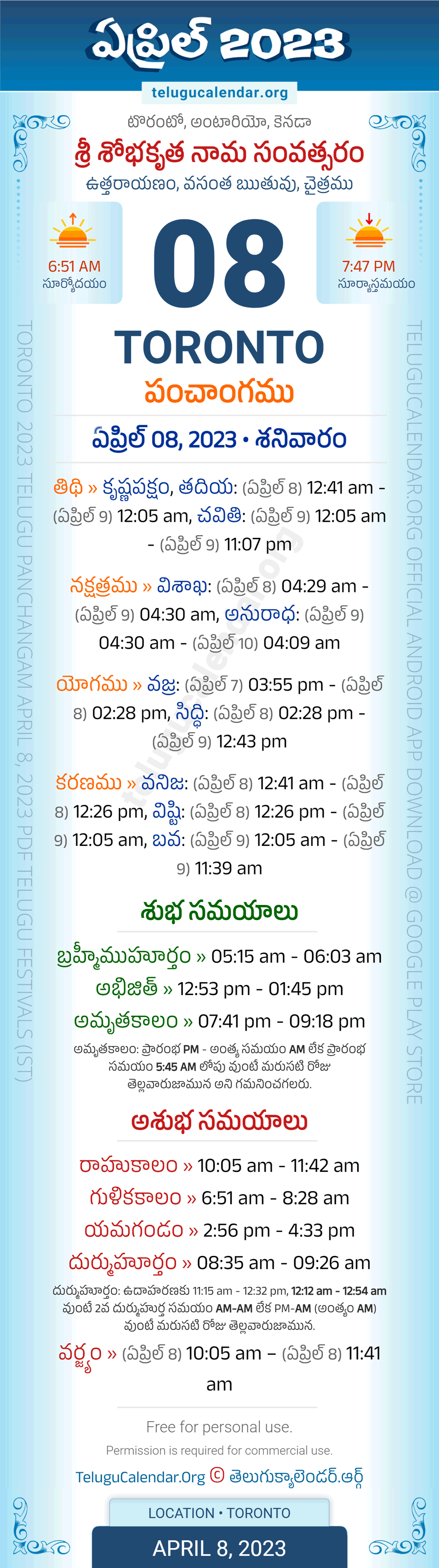 Toronto Telugu Panchangam April 8, 2023