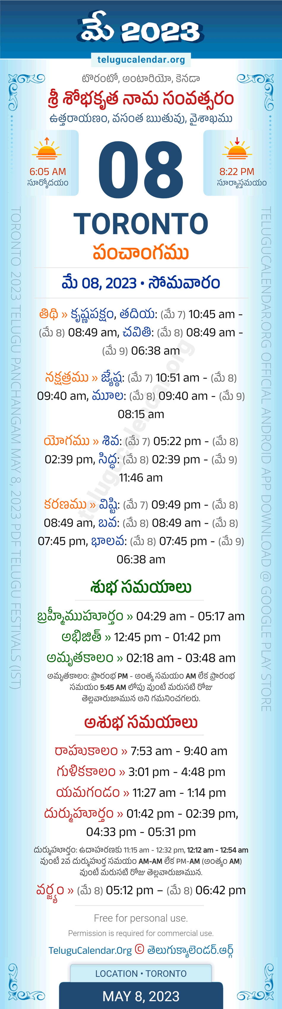 Toronto Telugu Panchangam May 8, 2023
