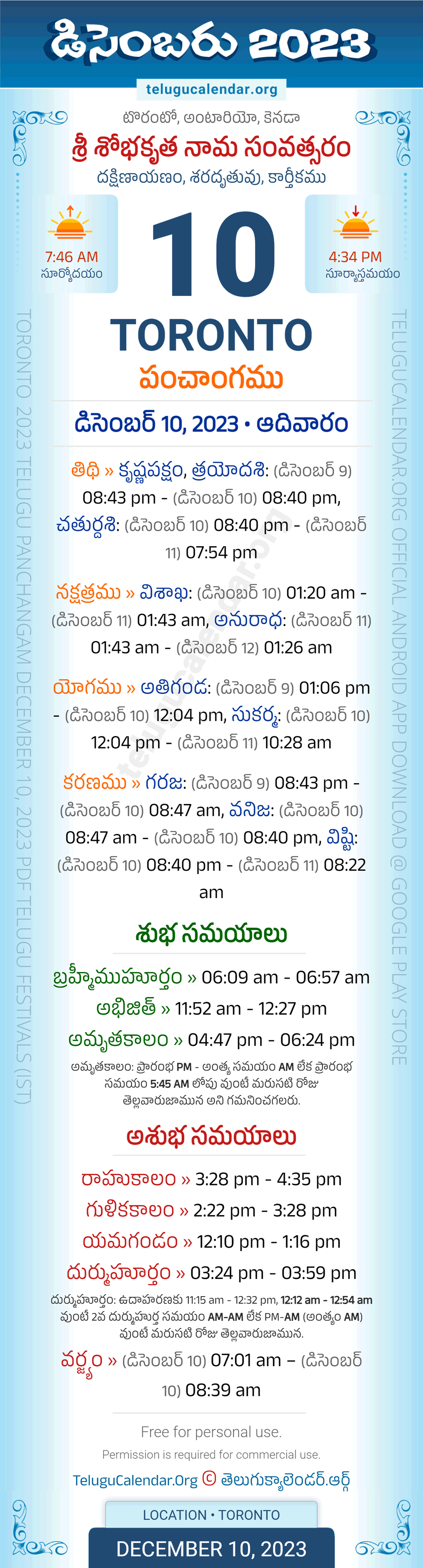 Toronto Telugu Panchangam December 10, 2023
