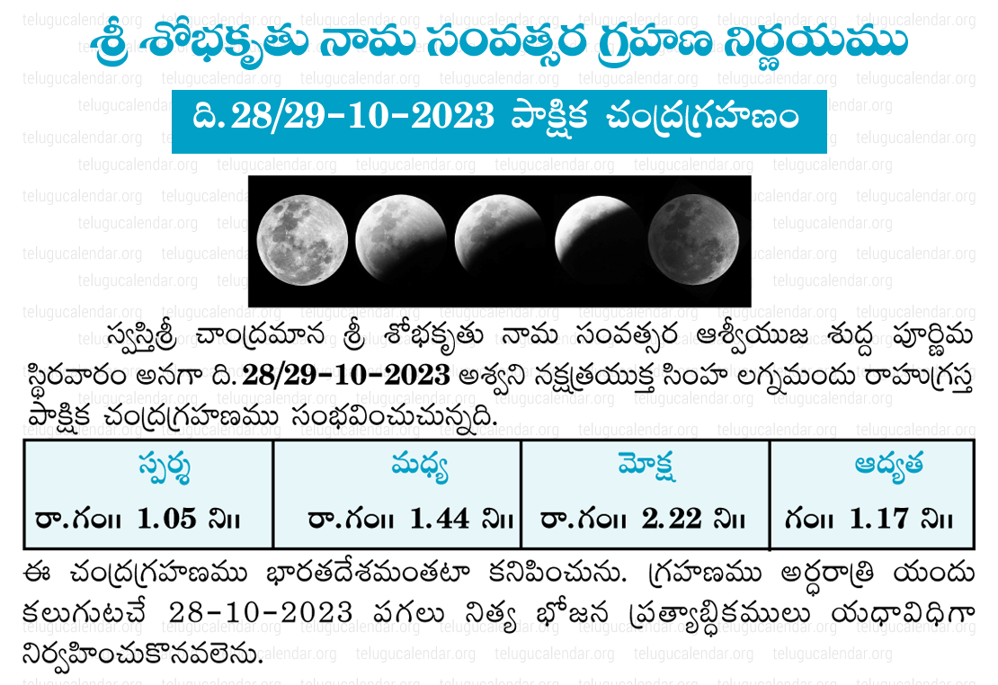 October 28, 2023 Chandra Grahanam Timings Andhra Pradesh & Telangana